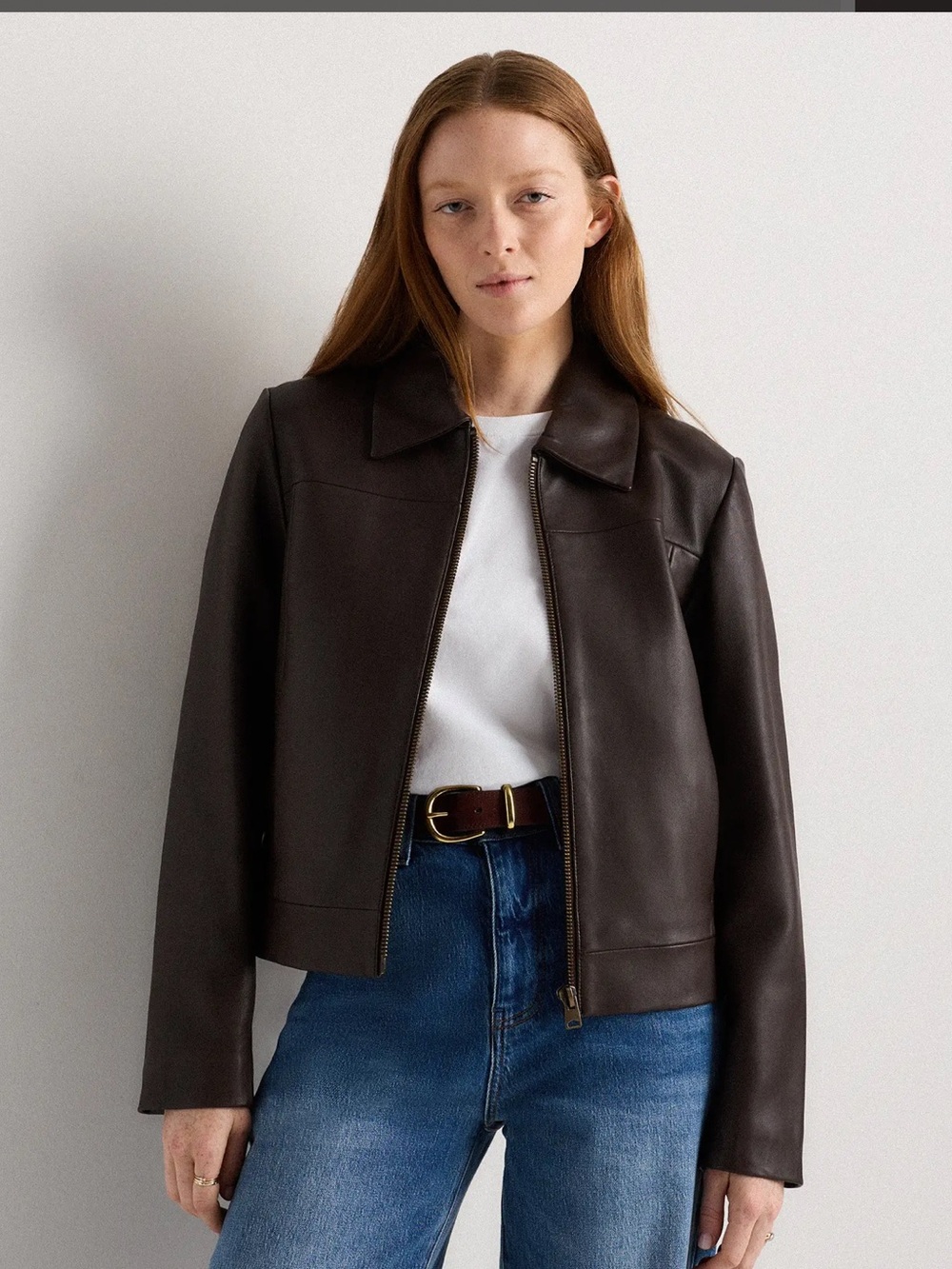 Quince 100% Leather Cropped Zip-Front Jacket